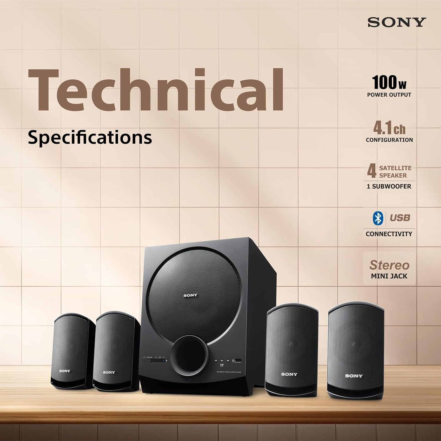 Sony New SA-D40M2 4.1ch Home Theatre/PC Speaker System with 100W Power Output and Powerful Subwoofer - Black - View 7