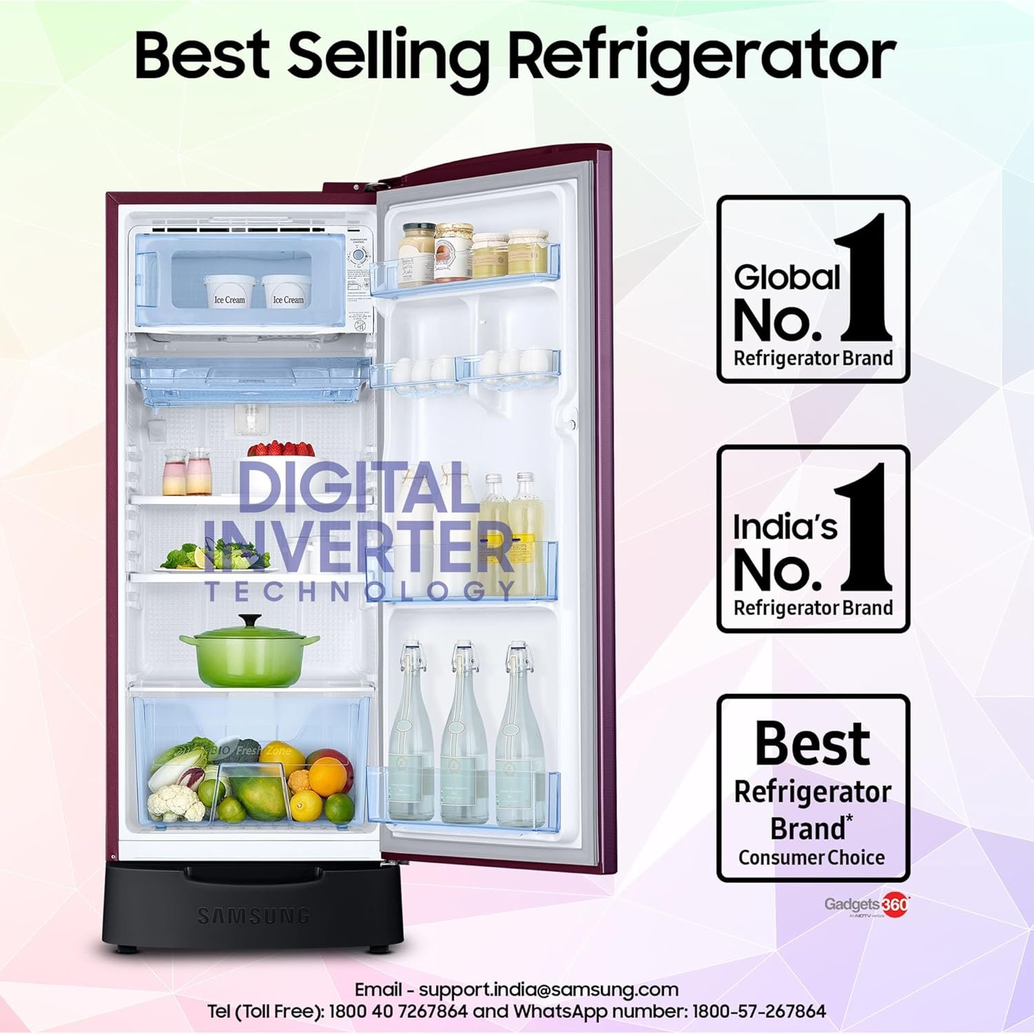 Samsung 183 L, 4 Star, Digital Inverter, Direct-Cool Single Door Refrigerator (RR20C1824CR/HL, Red, Camellia Purple, Base Stand Drawer) - View 4