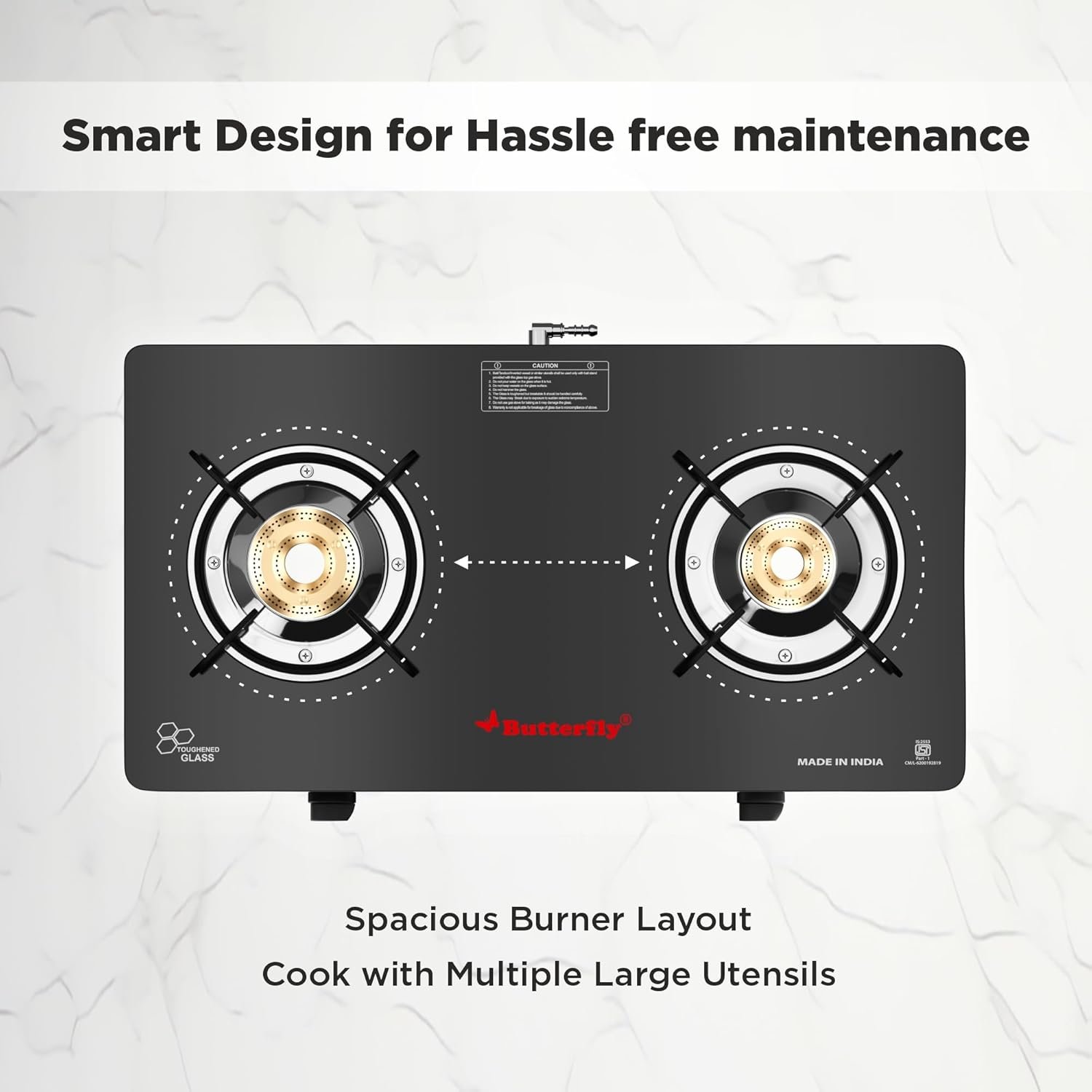 Butterfly Smart 2 Burner Glass Top Gas Stove | Manual Ignition | Scratch Resistant Toughened Glass | Brass Burners | Skid-proof Legs | 1 Year Manufacturer's Warranty | Black - View 3