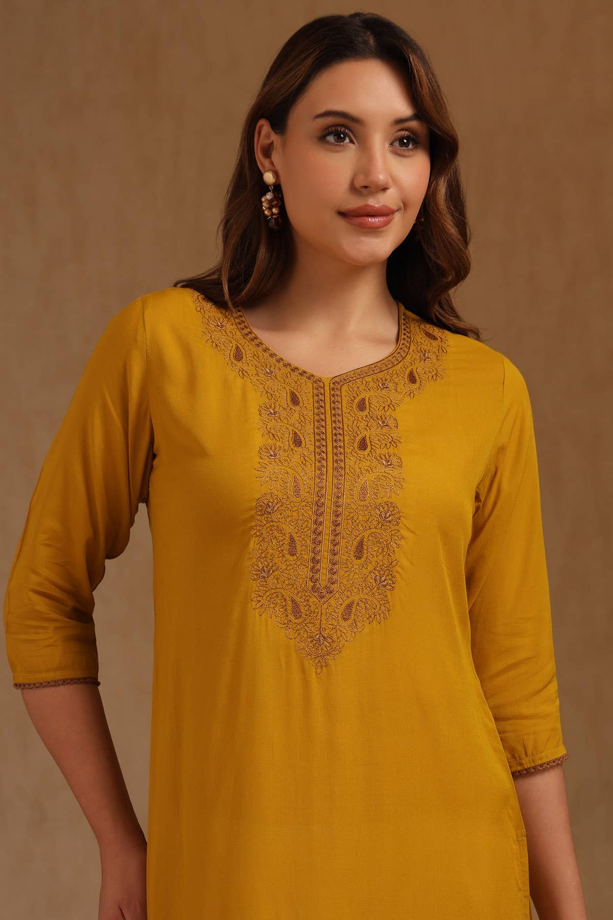 Mustard Rayon Embroidered Kurta With Thread Work