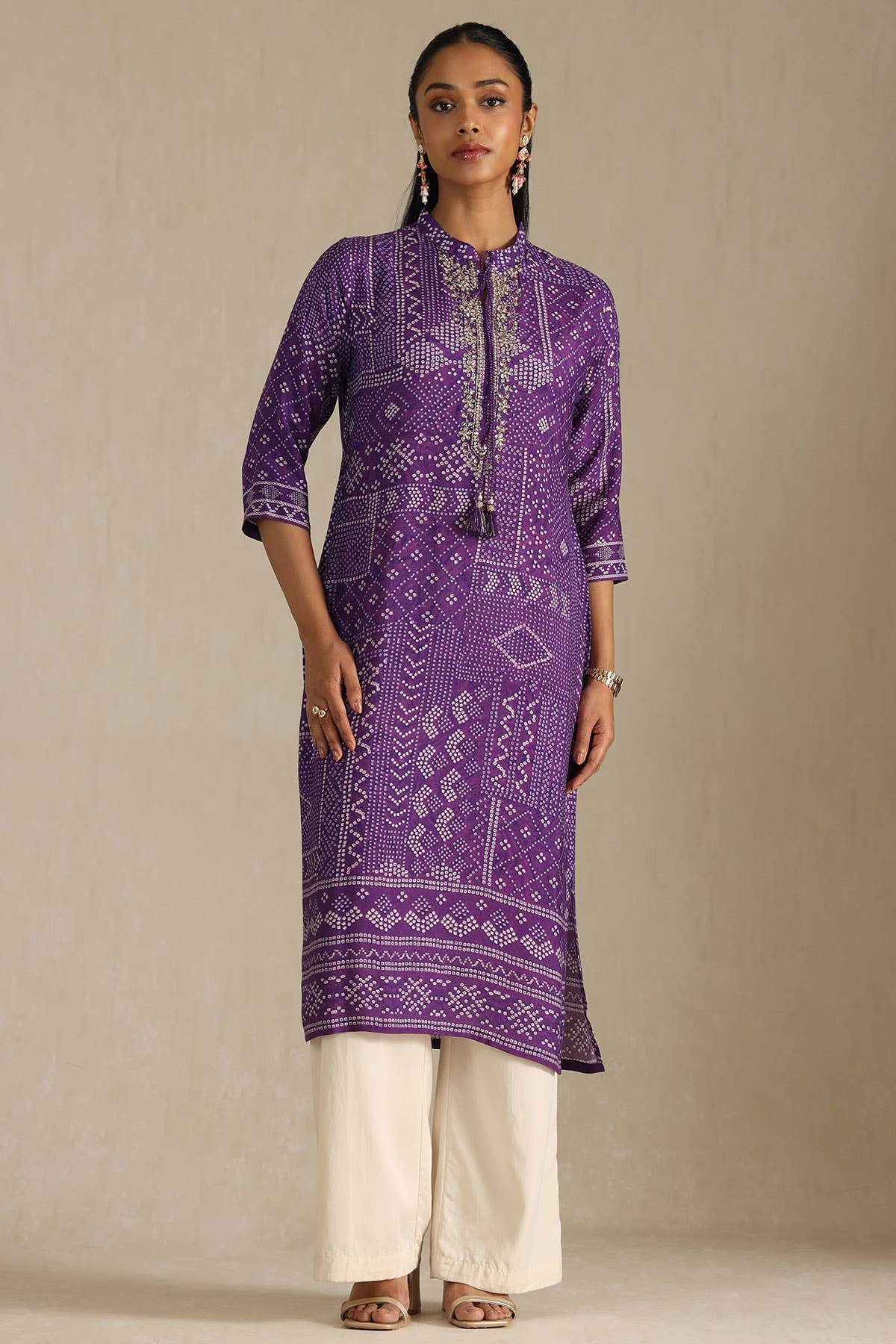 Purple Muslin Bandhani Printed Kurta With Zardosi - View 4