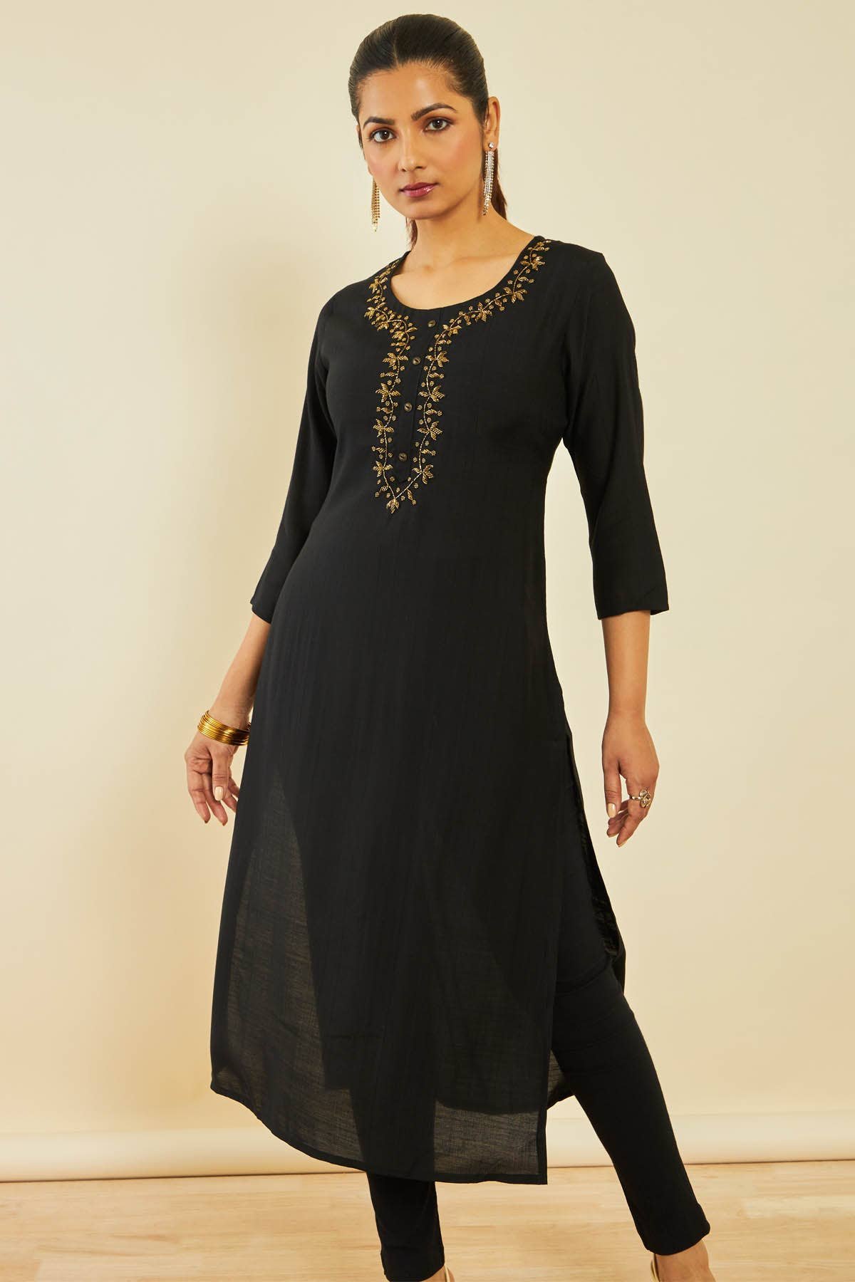 Black Viscose Blend Straight Kurta with Floral Cutdana Work - View 4