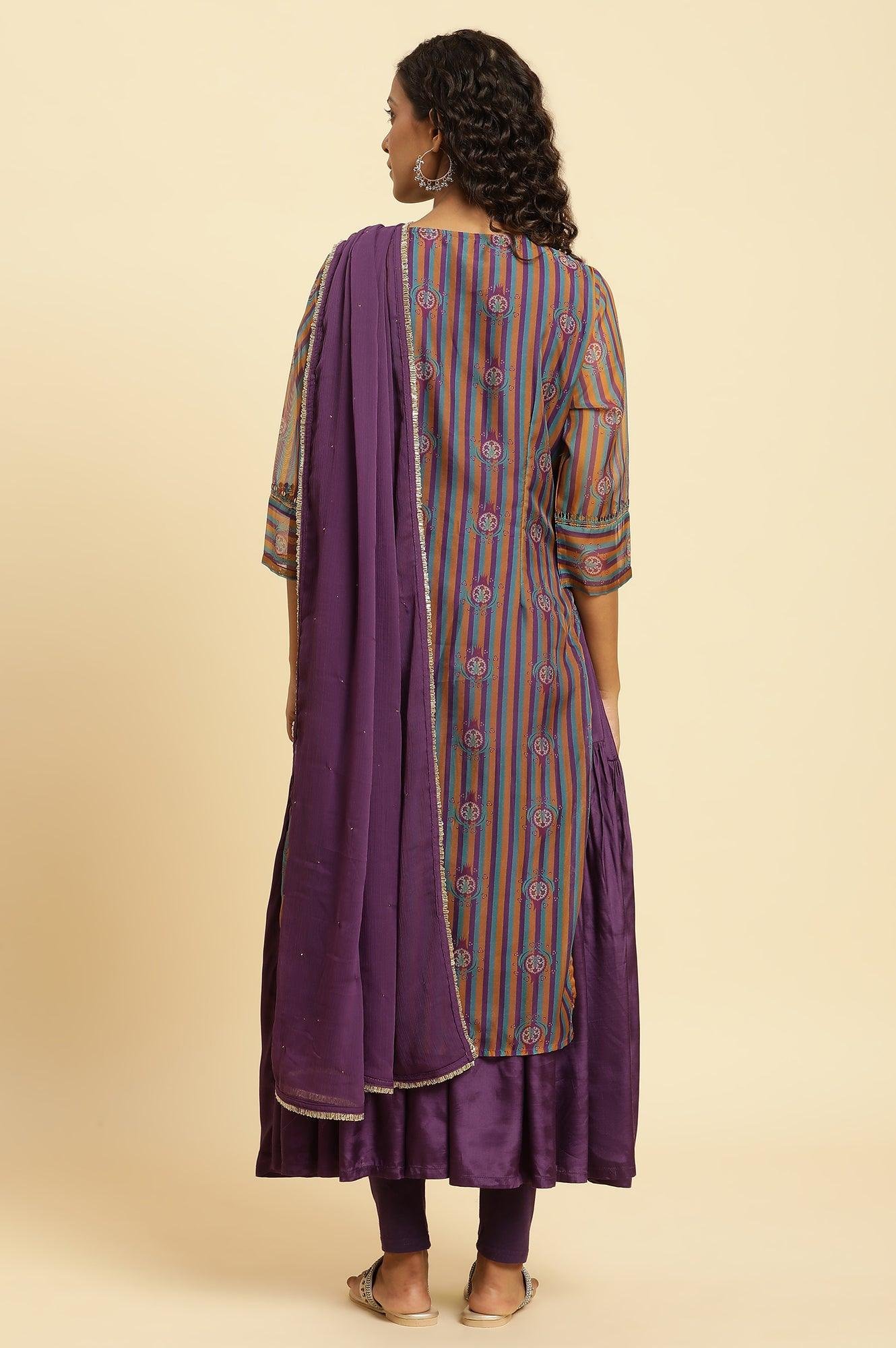 Purple Layered Suzani Printed Kurta, Tights And Dupatta Set - View 3