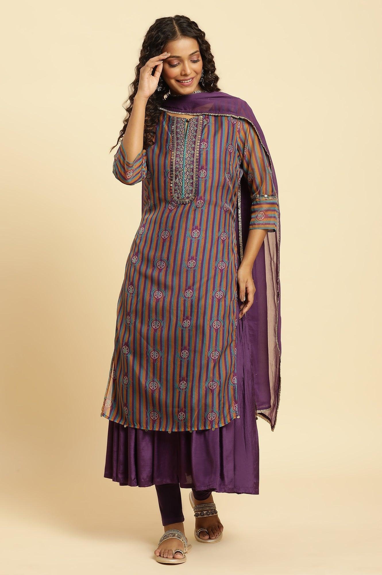 Purple Layered Suzani Printed Kurta, Tights And Dupatta Set - View 5