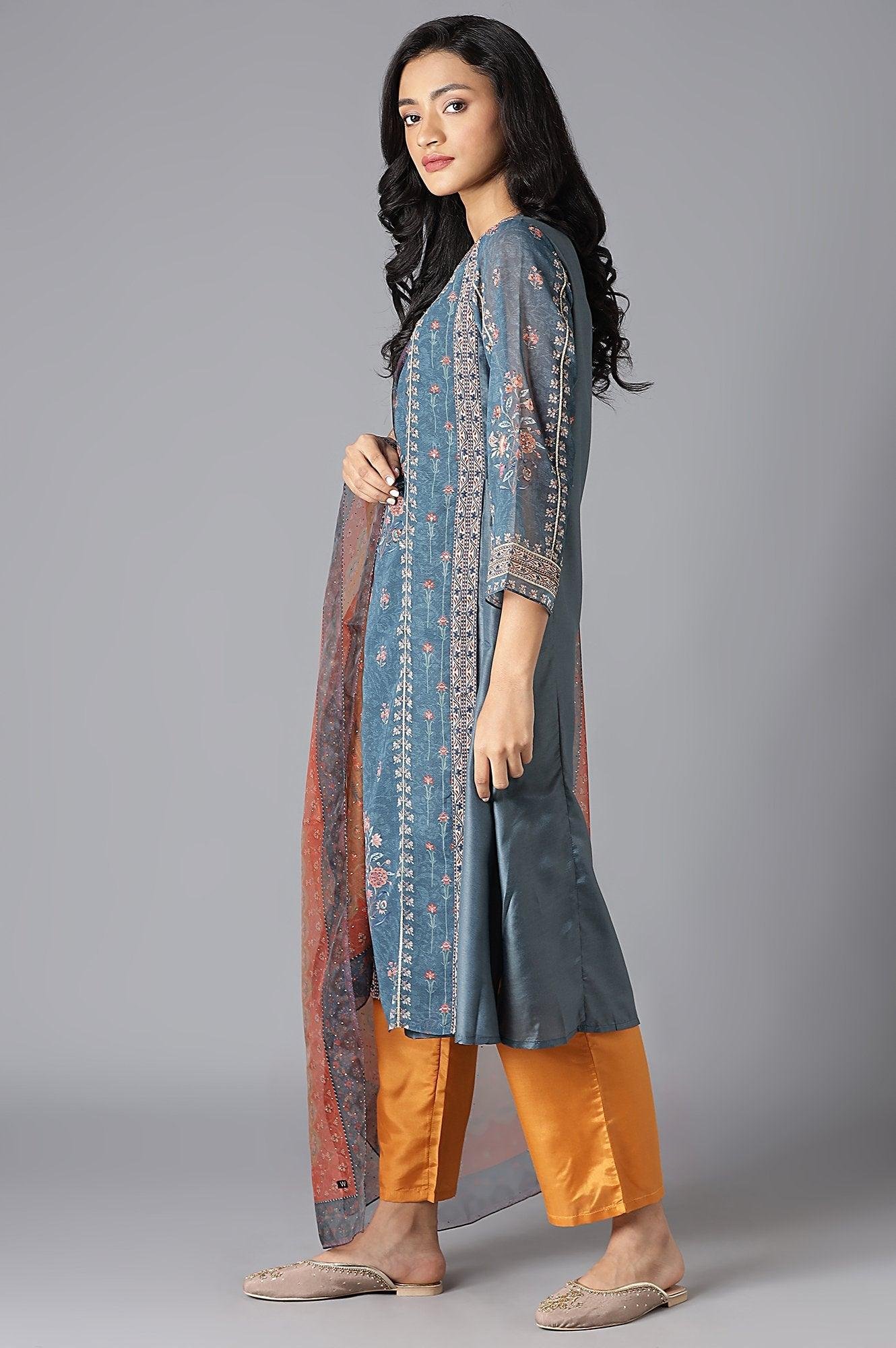 Teal Mock Layer kurta, Orange Parallel Pants And Dupatta Set - View 4