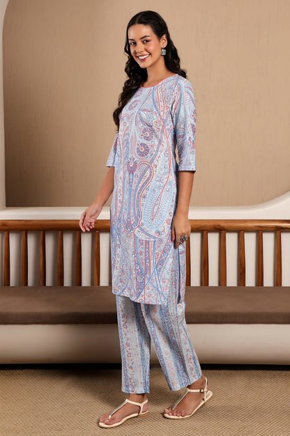 Light Blue Paisley Printed kurta Co-Ord Set - View 3