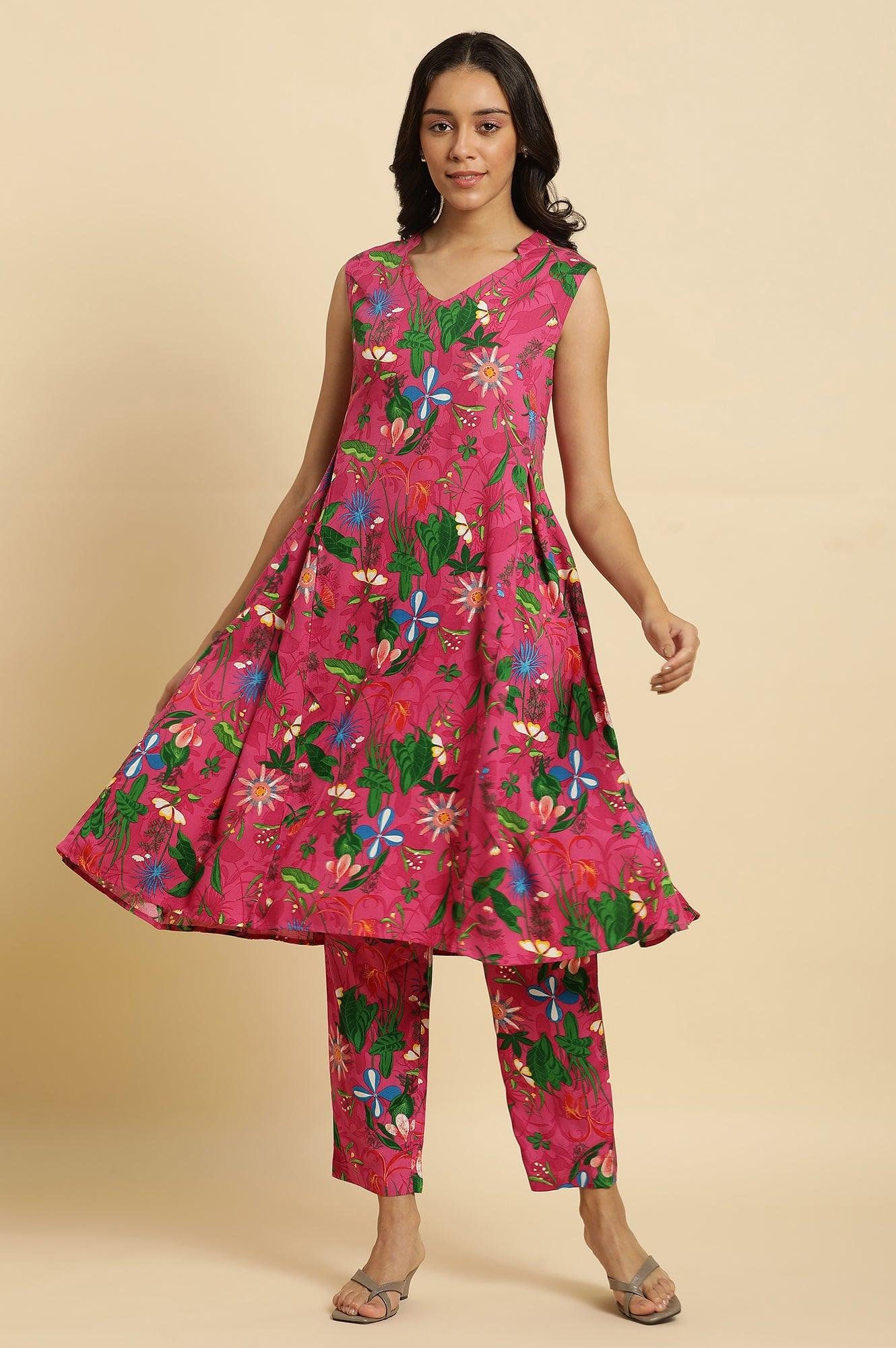 Pink Floral Printed Sleeveless Kurta &amp; Pants Co-Ord Set - View 9