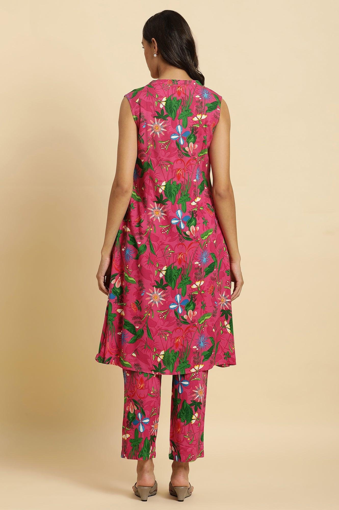 Pink Floral Printed Sleeveless Kurta &amp; Pants Co-Ord Set - View 7