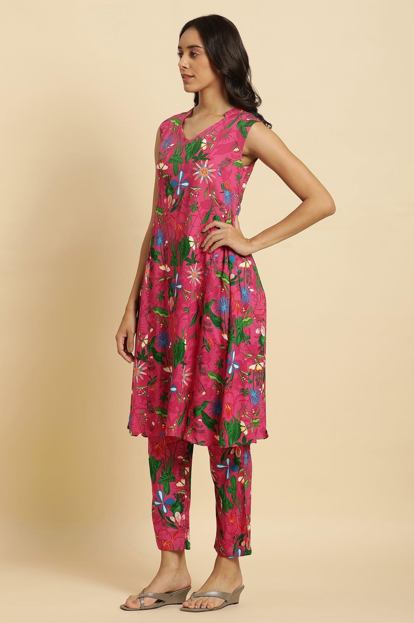 Pink Floral Printed Sleeveless Kurta &amp; Pants Co-Ord Set - View 10