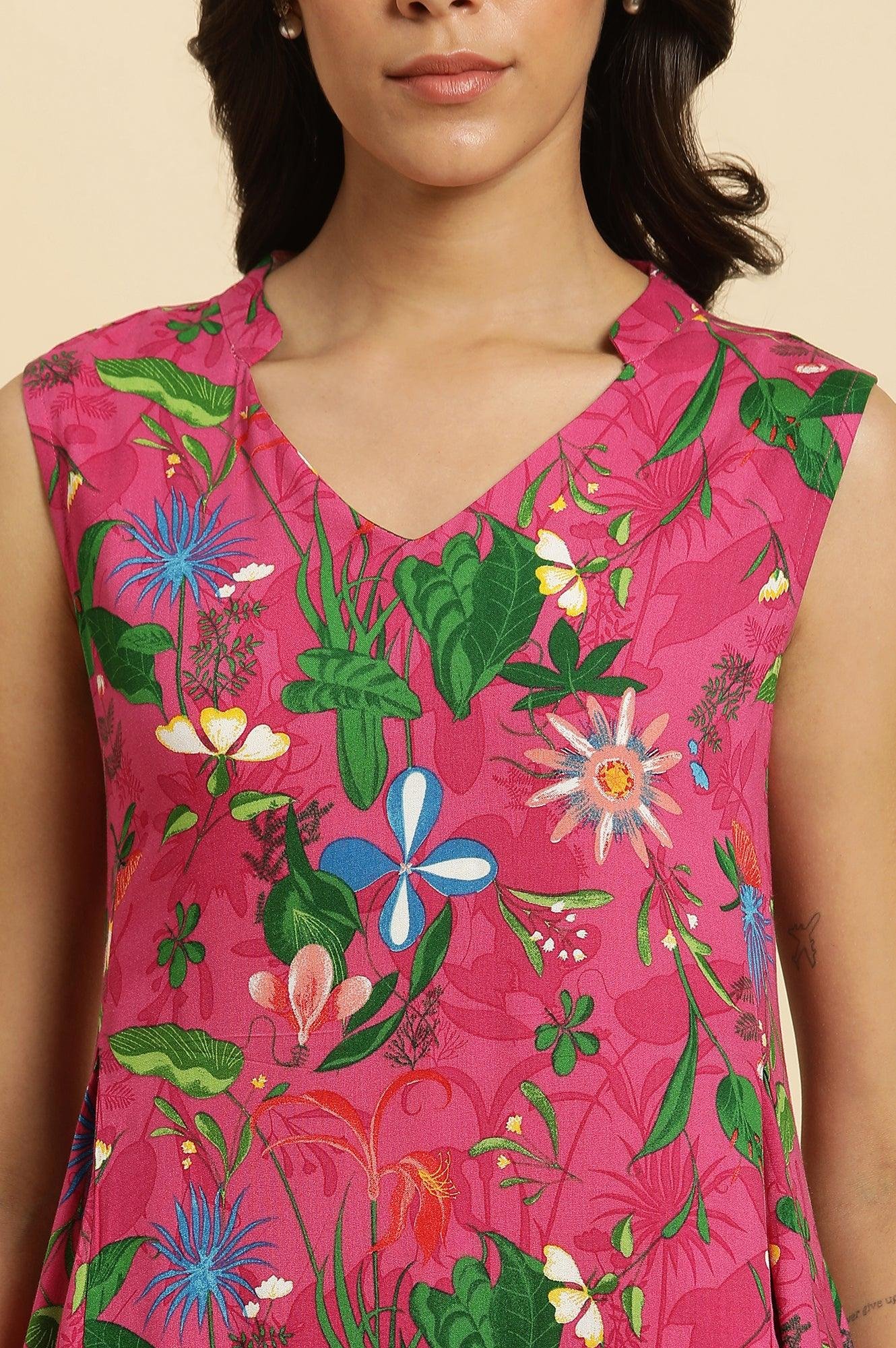 Pink Floral Printed Sleeveless Kurta &amp; Pants Co-Ord Set - View 6