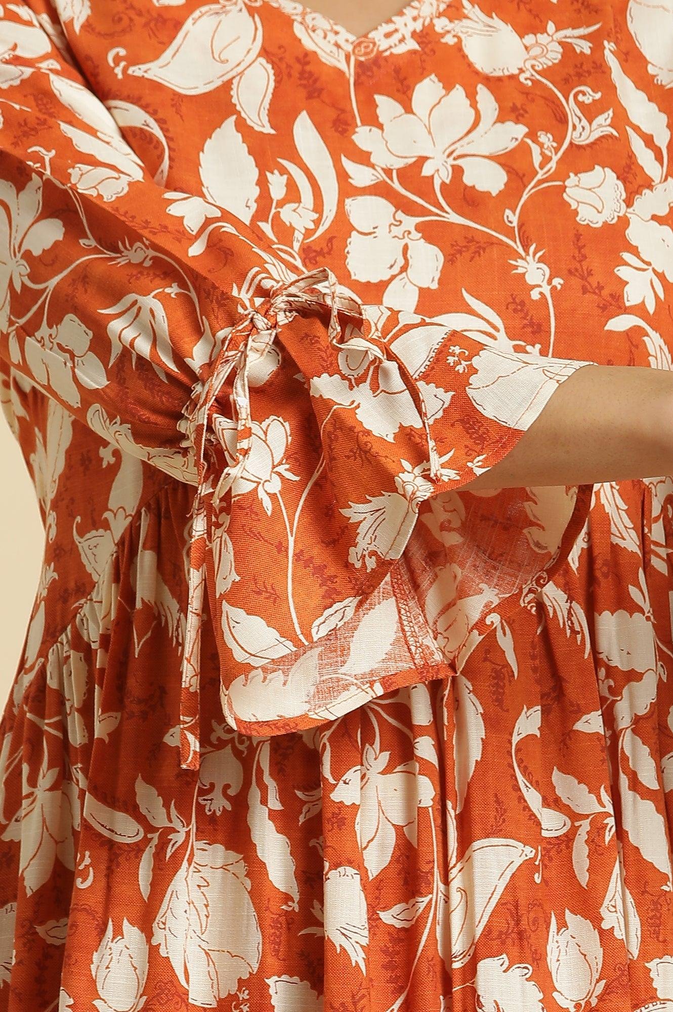 Dark Orange Floral Printed Kurta &amp; Pants Co-Ord Set - View 4