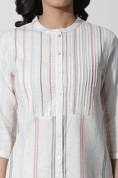 White Stripe Printed Pintuck Tunic And Pants Co-Ord Set - View 2