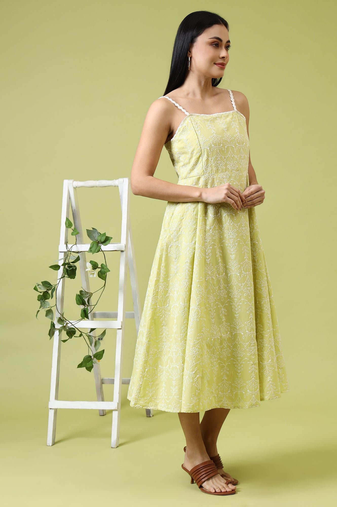 Lime Green Schiffli Embroidered Pure Cotton Flared Spaghetti Dress - View 5