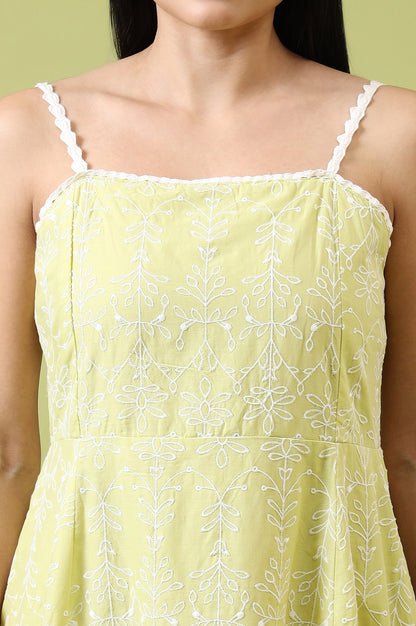 Lime Green Schiffli Embroidered Pure Cotton Flared Spaghetti Dress - View 4