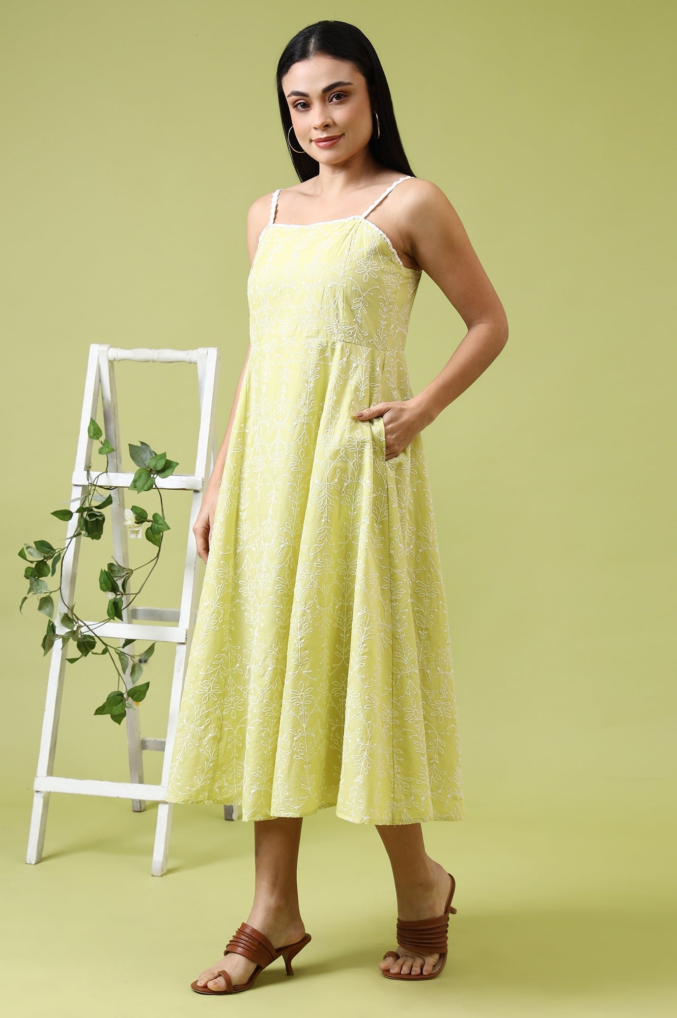 Lime Green Schiffli Embroidered Pure Cotton Flared Spaghetti Dress - View 7