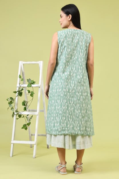 White and Green Geometric Printed Flared Spaghetti Dress and Gilet Set - View 3