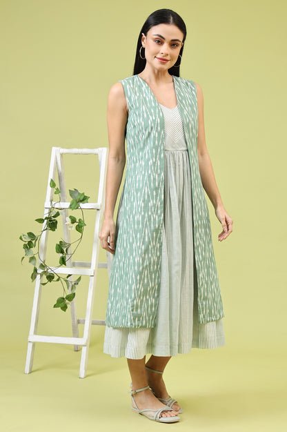 White and Green Geometric Printed Flared Spaghetti Dress and Gilet Set - View 4