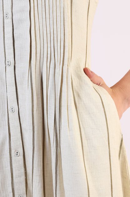 Off -White Striped Cotton Blend Flared Western Dress - View 2