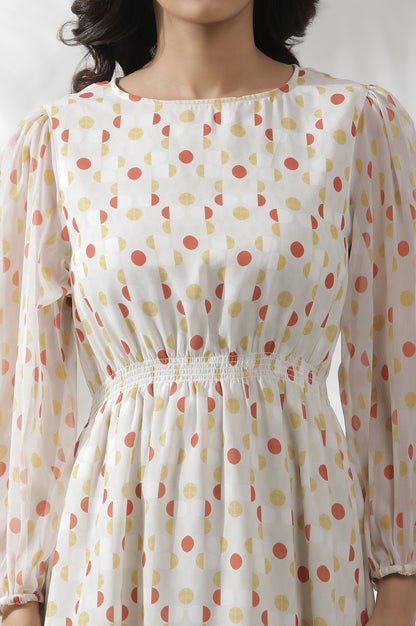 White Polka Dot Printed Gathered Western Dress - View 2