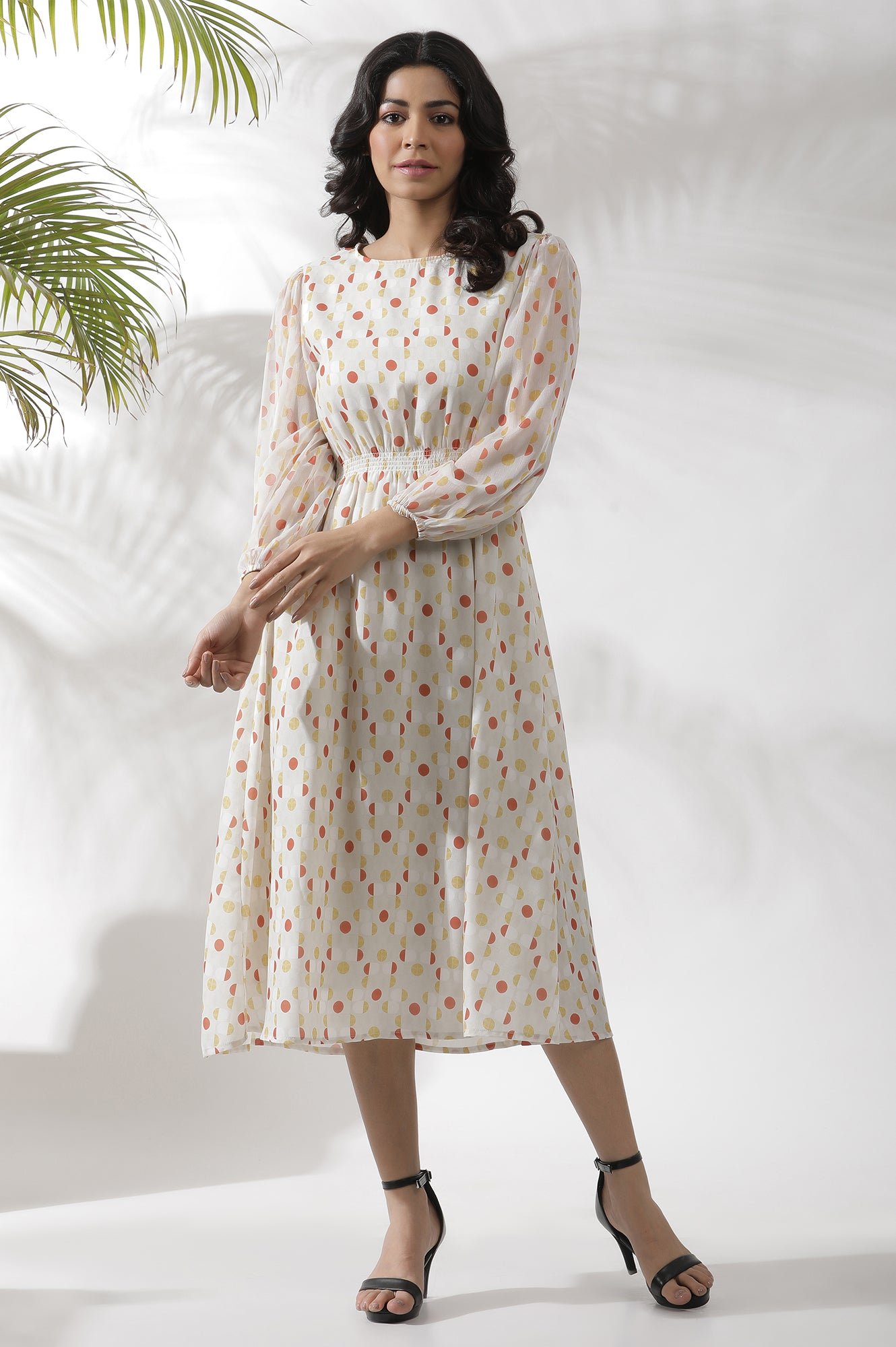 White Polka Dot Printed Gathered Western Dress - View 10