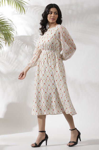White Polka Dot Printed Gathered Western Dress - View 5