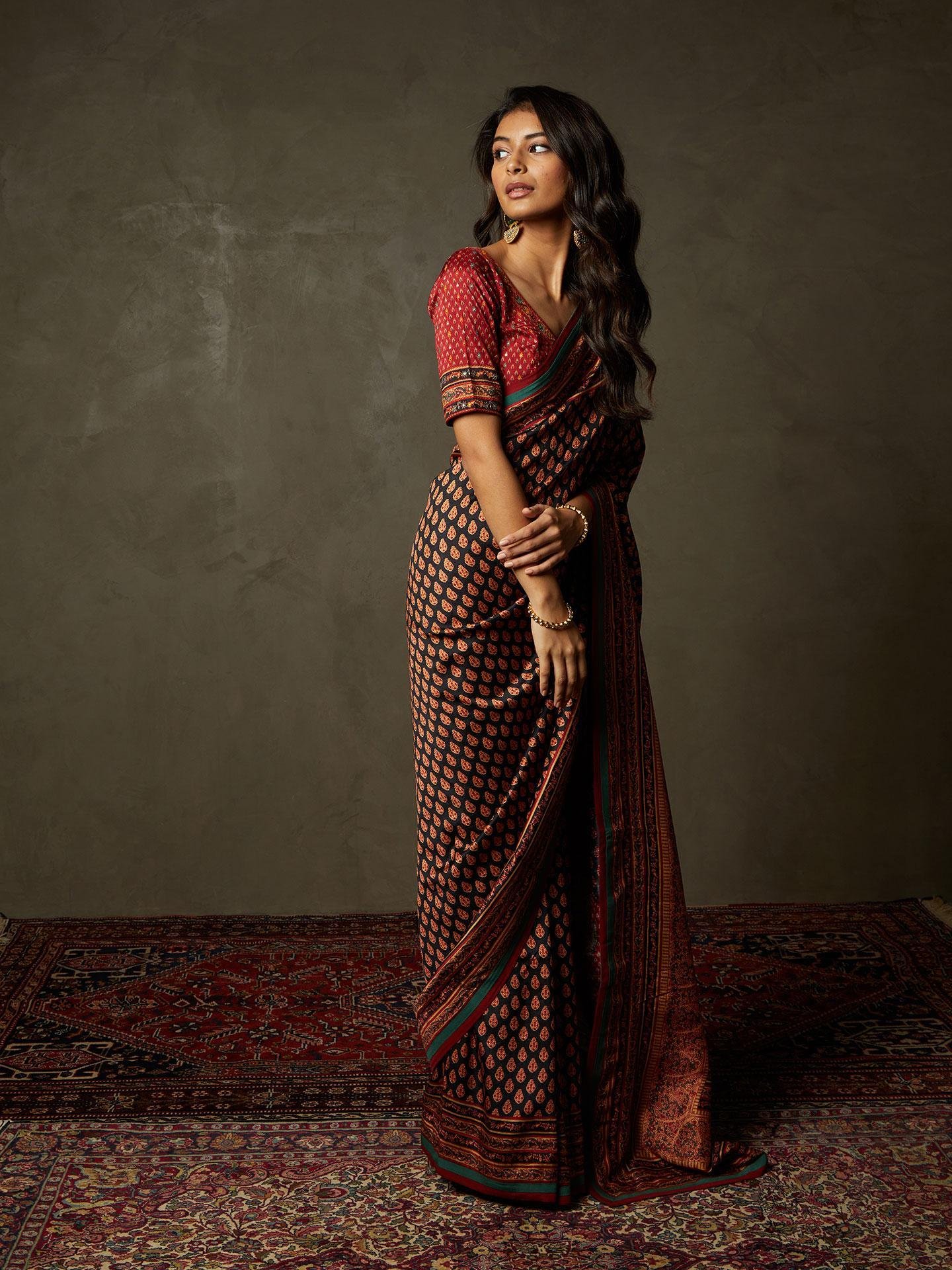 Black &amp; Red Sanganeri Saree With Unstitched Blouse - View 2