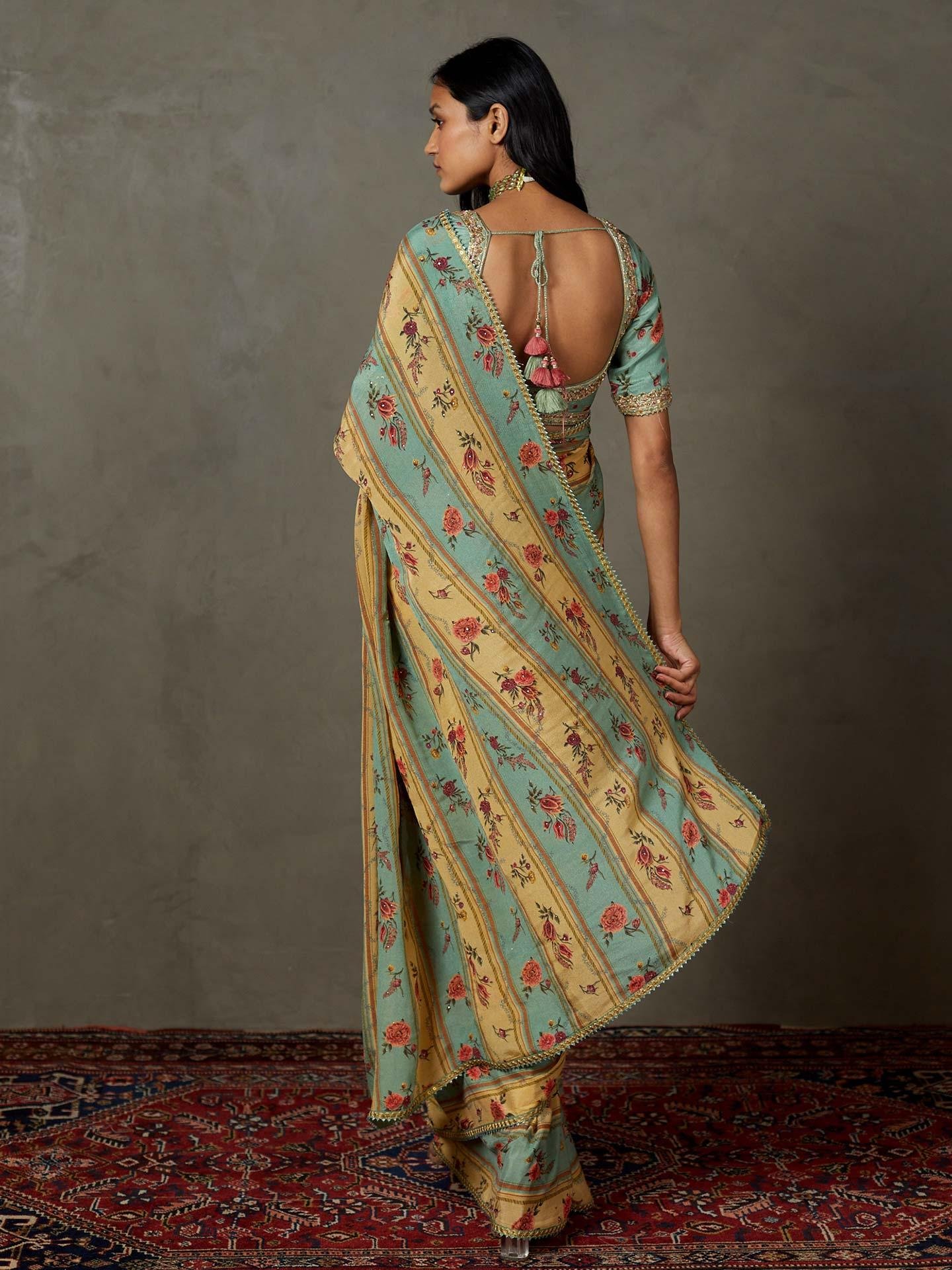Light Teal Dahlia Saree With Unstitched Blouse - View 6