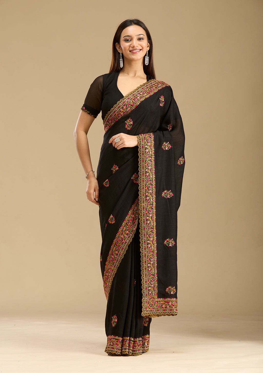 Black Kashmiri Soft Raw Silk Saree