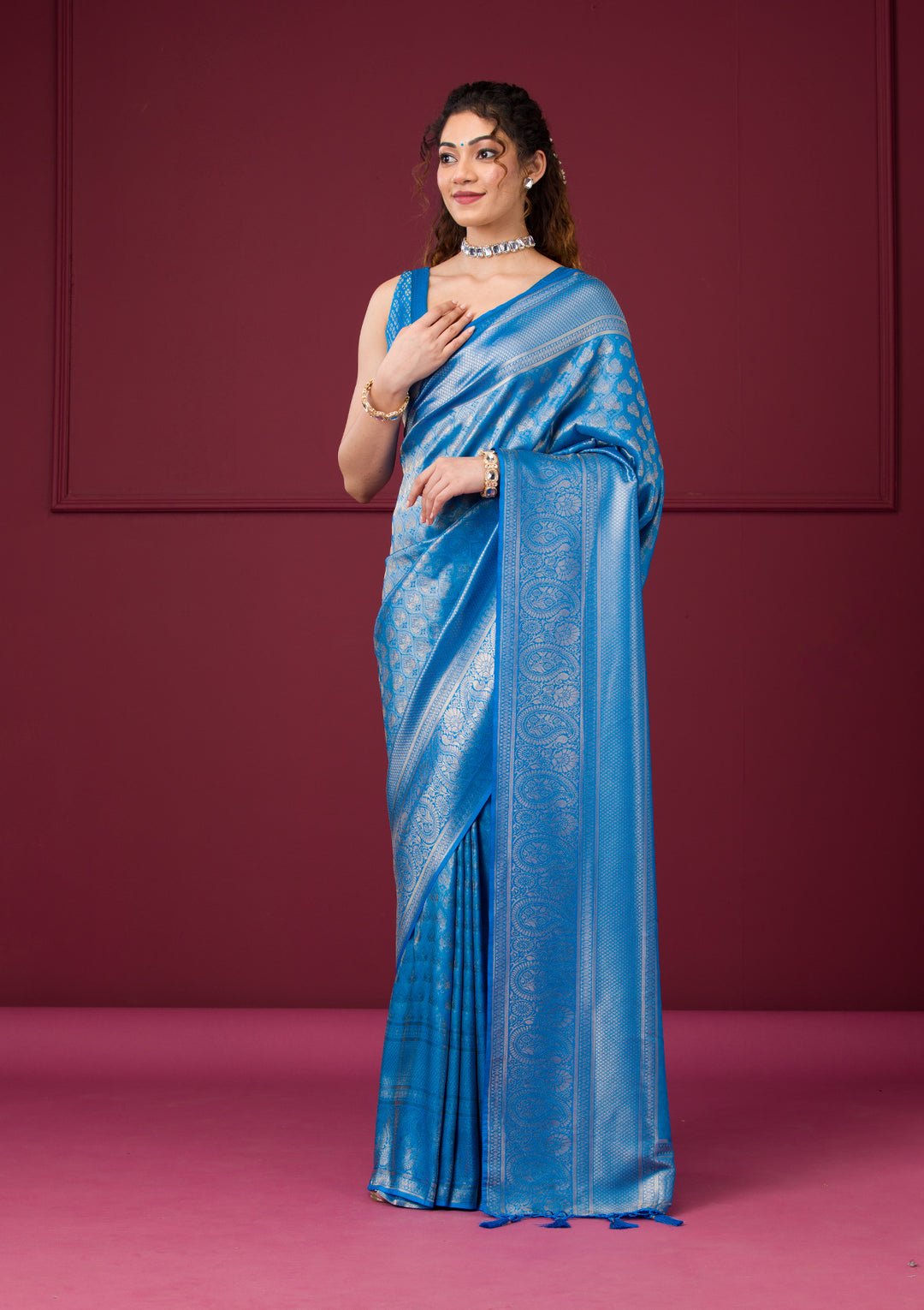Turquoise Blue Zariwork Art Silk Saree - View 4