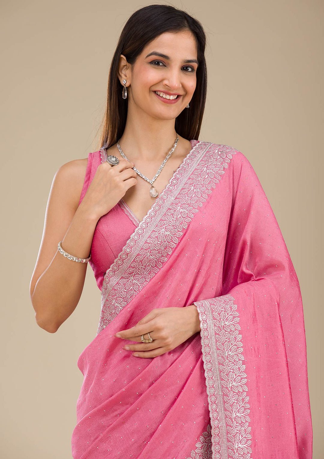 Onion Pink Zariwork Soft Silk Saree - View 6
