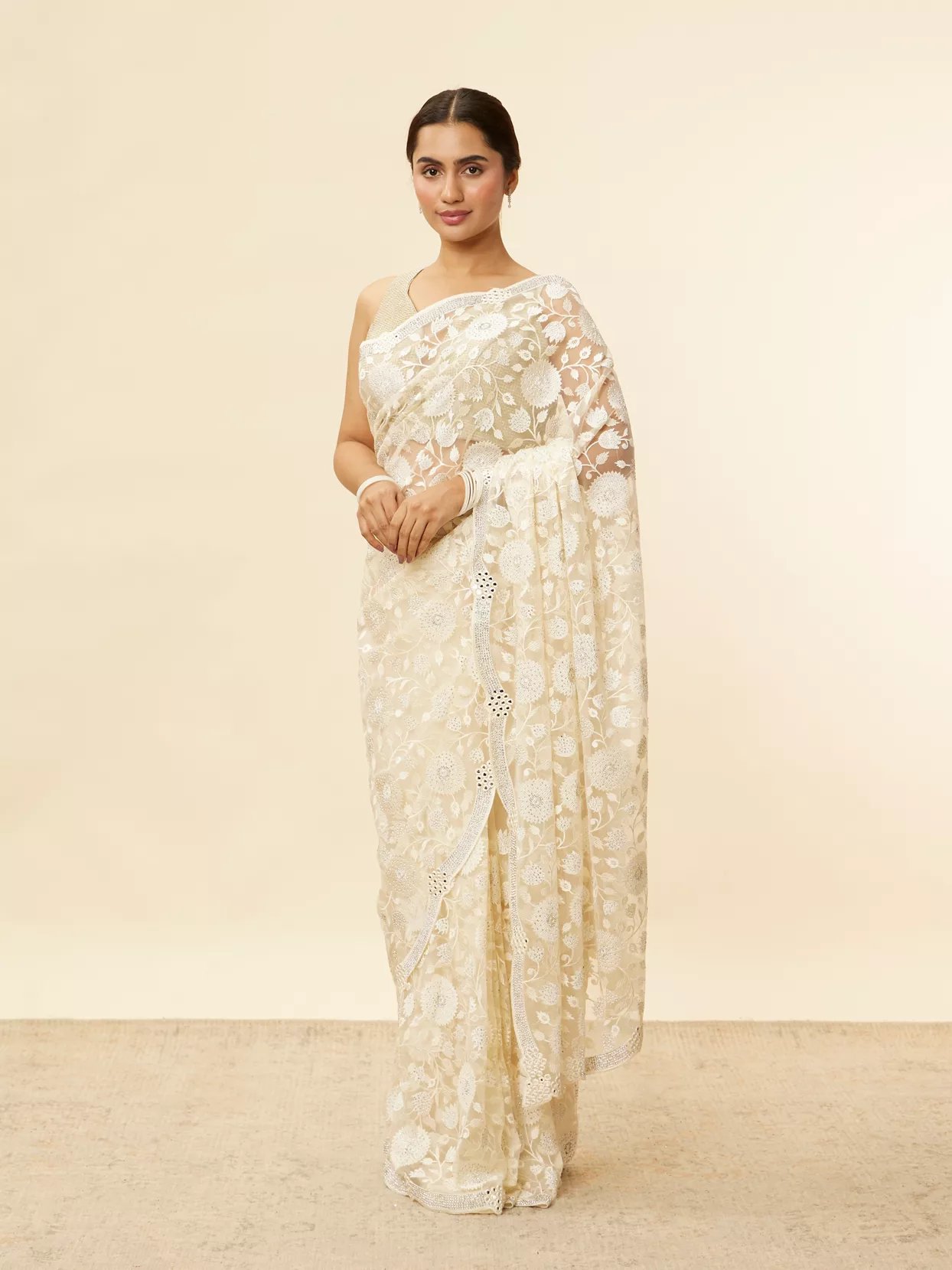 Ivory Cream Bel Buti Patterned Mirror and Stone Work Saree
