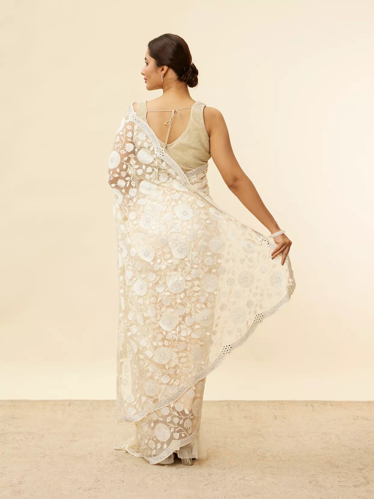 Ivory Cream Bel Buti Patterned Mirror and Stone Work Saree - View 2