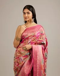 Rani Pink Grid Patterned Saree with Peacock Motifs - View 6