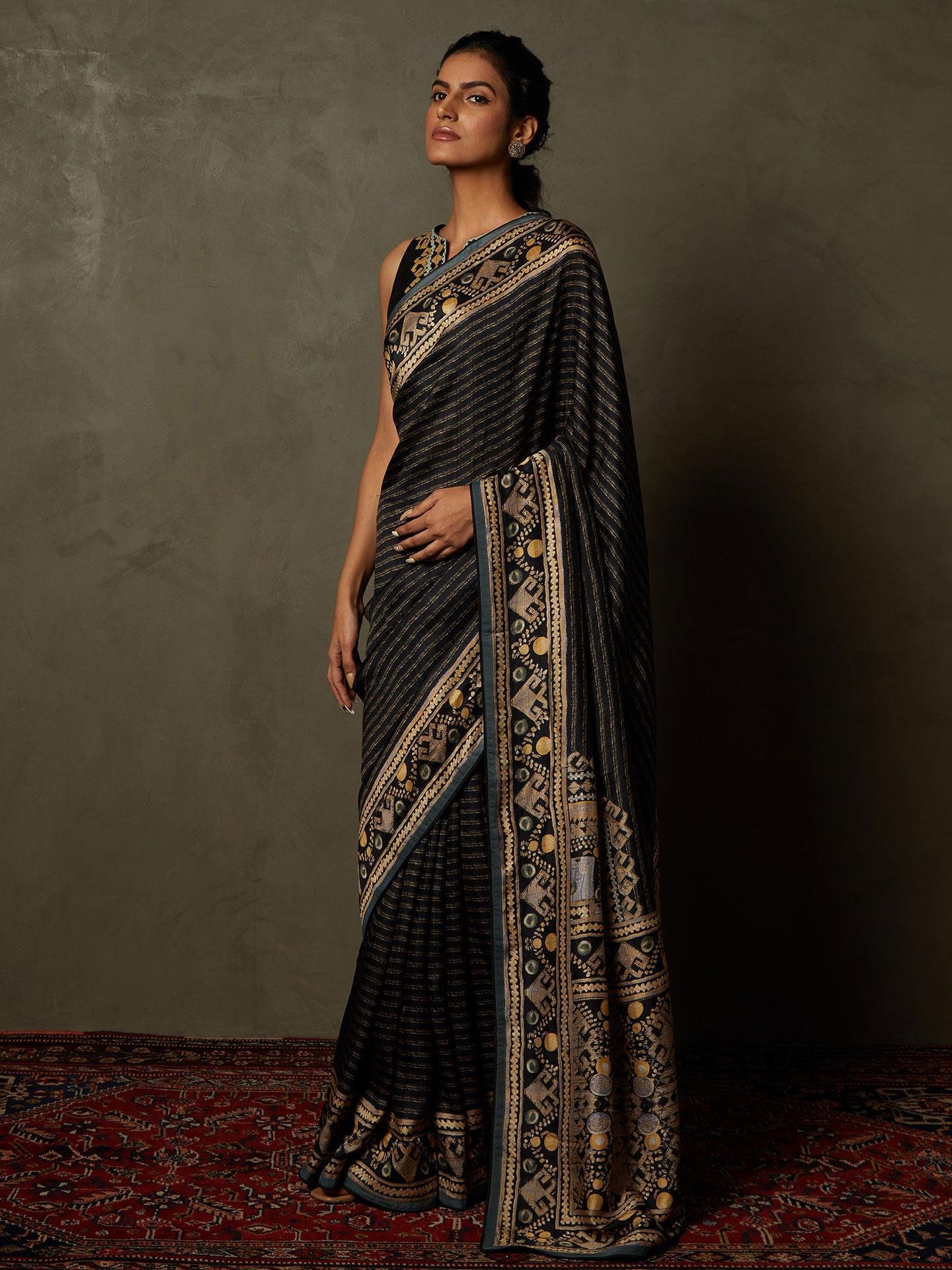 Black & Beige Noni Saree With Stitched Blouse - View 4