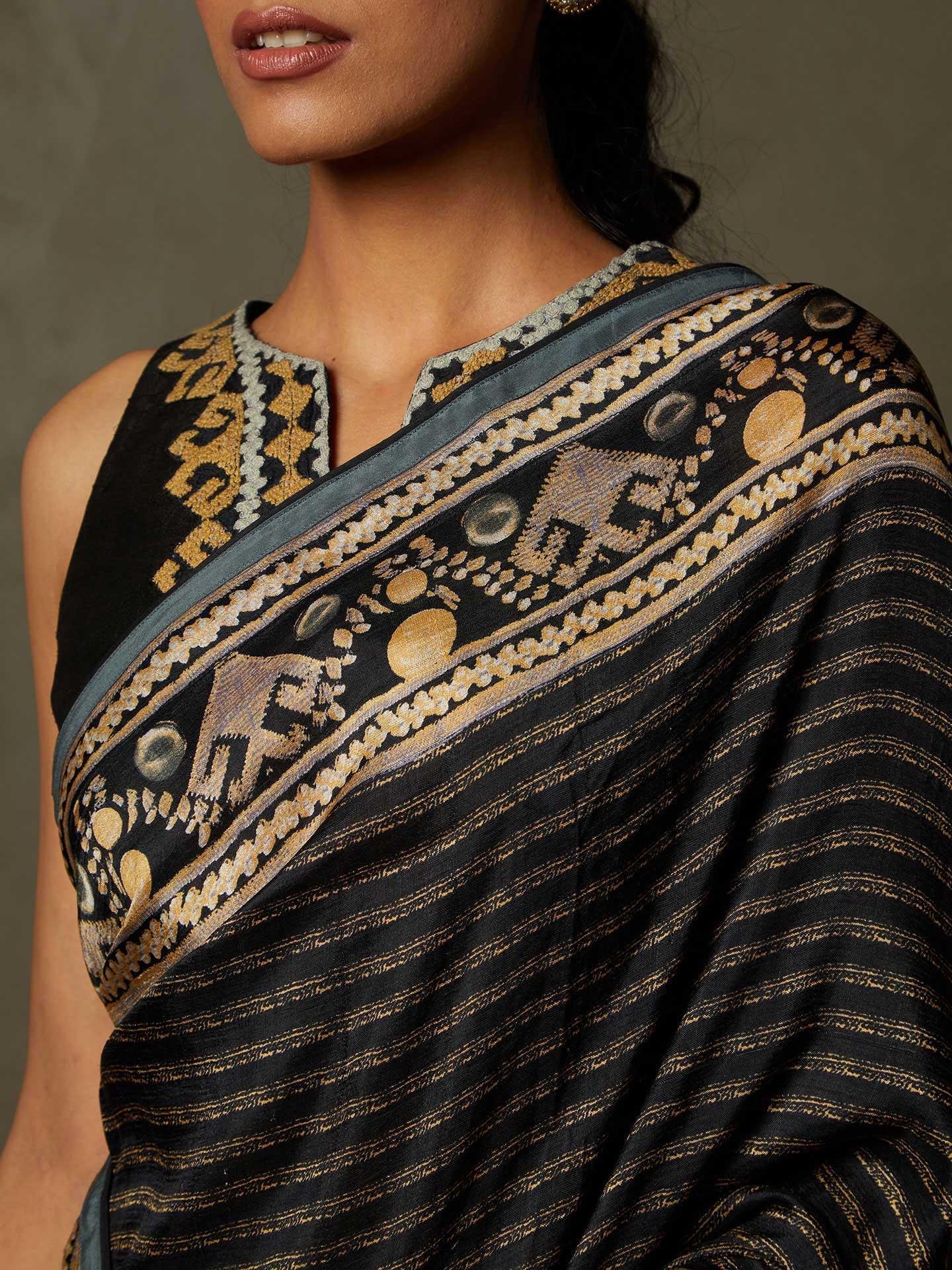 Black & Beige Noni Saree With Stitched Blouse - View 2