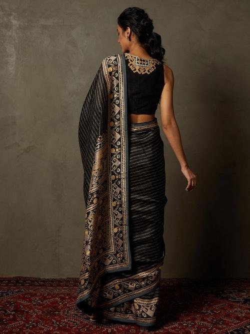 Black & Beige Noni Saree With Stitched Blouse - View 3