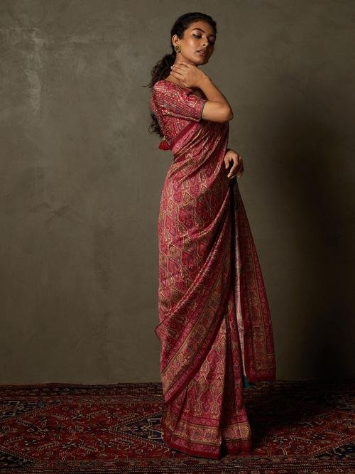 Pink &amp; Beige Shereen Saree With Unstitched Blouse - View 4