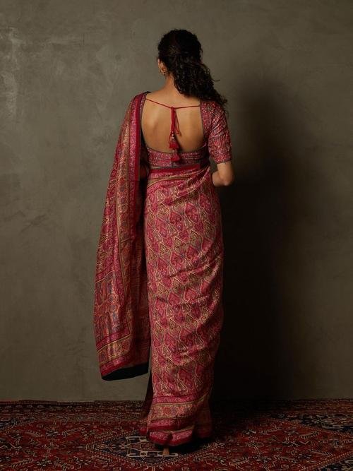 Pink &amp; Beige Shereen Saree With Unstitched Blouse - View 3
