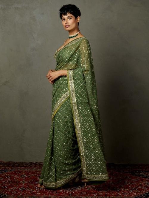 Khaki Rohira Saree With Unstitched Blouse - View 2