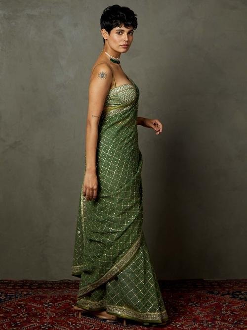 Khaki Rohira Saree With Unstitched Blouse - View 3