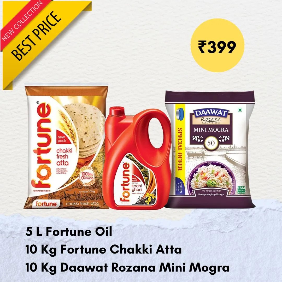 10Kg Chakki Fresh Atta, 5L Kachi Ghani Pure Mustard Oil, 10kg Rozana Mini Mogra : Combo Deal