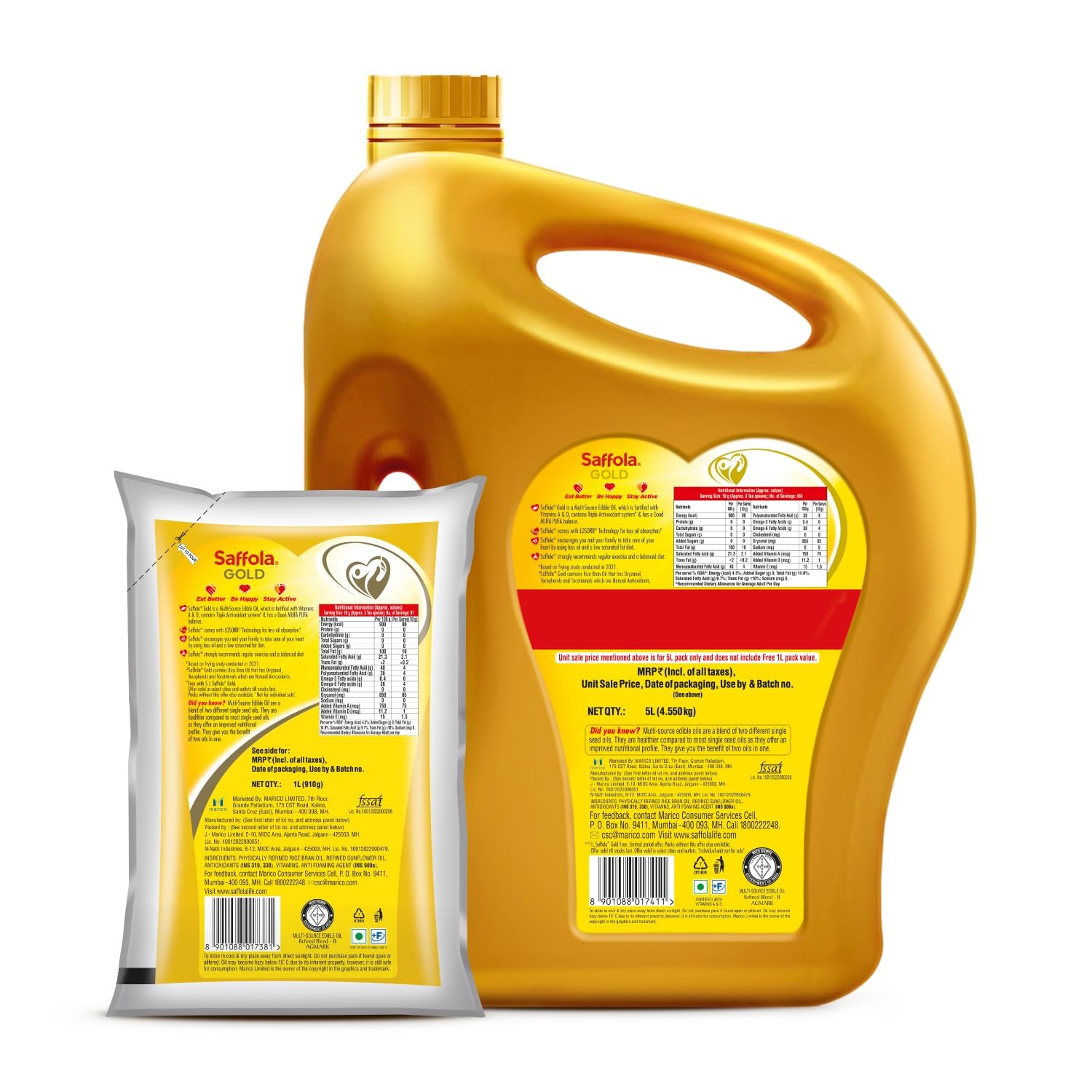 5 Litre Jar + Free 1 Litre Pouch Saffola Gold Refined Cooking oil | Blended of Rice Bran & Sunflower oil - View 4