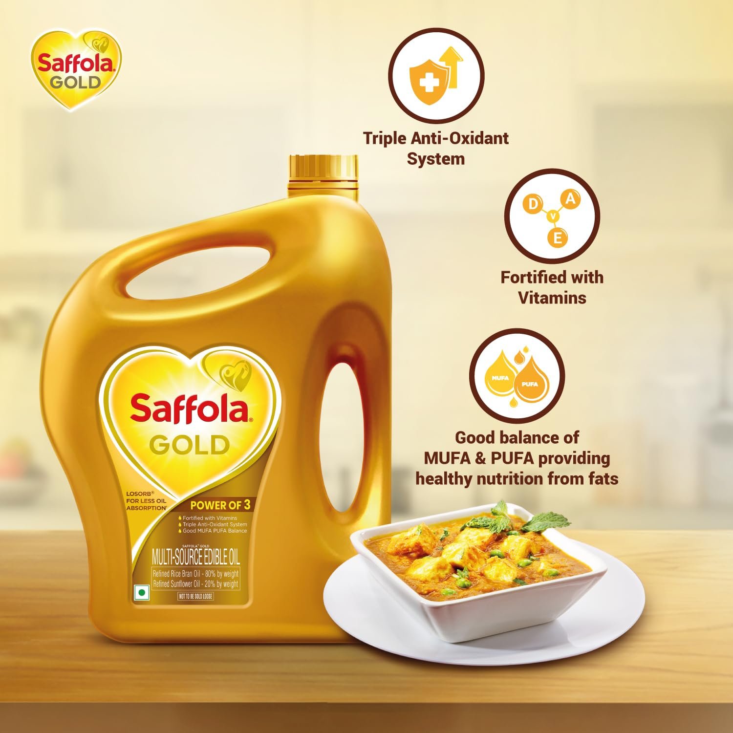 5 Litre Jar + Free 1 Litre Pouch Saffola Gold Refined Cooking oil | Blended of Rice Bran & Sunflower oil