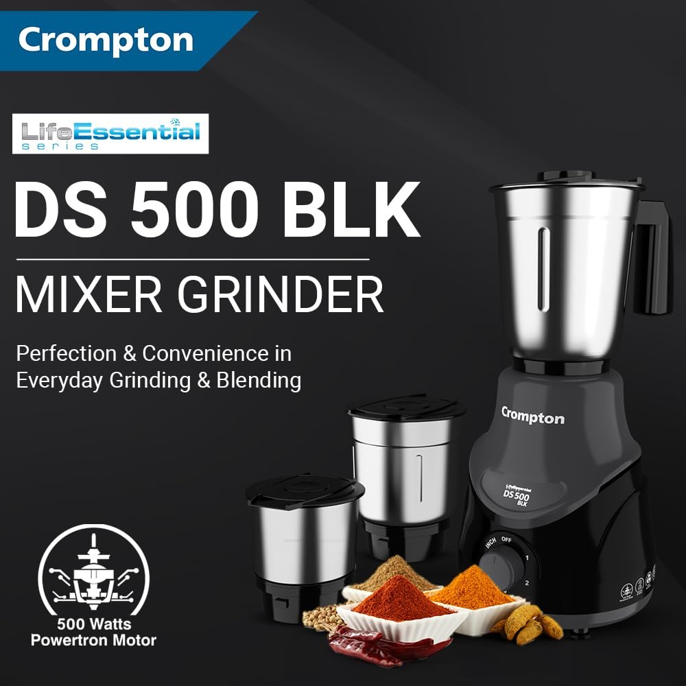 Crompton DS 500 BLK 500-Watt Mixer Grinder with Powertron Motor & Motor Vent-X Technology (3 Stainless Steel Jars, Black & Grey) - View 2