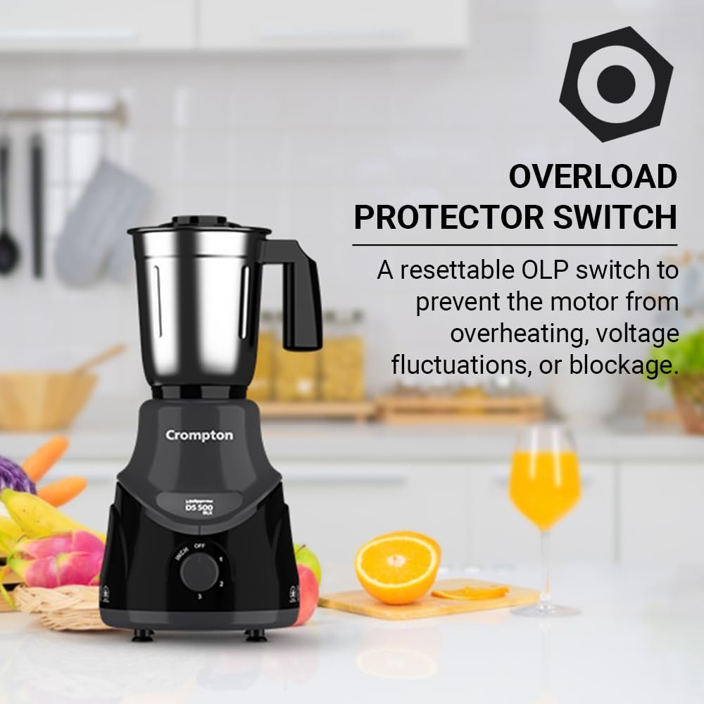 Crompton DS 500 BLK 500-Watt Mixer Grinder with Powertron Motor & Motor Vent-X Technology (3 Stainless Steel Jars, Black & Grey) - View 3