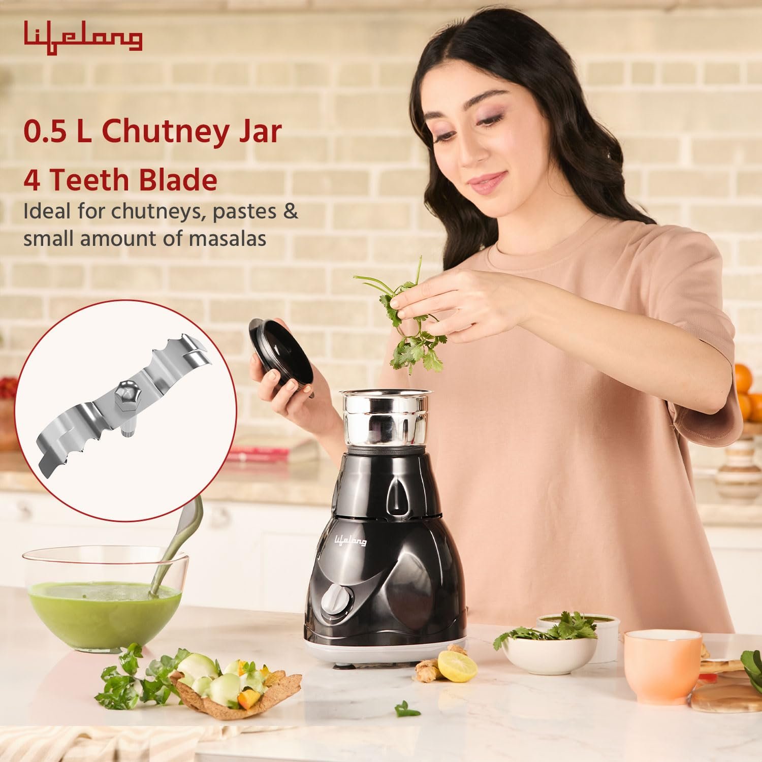 Lifelong Mixer Grinder for Kitchen - 3 Jars 500 Watt Mixie - Chutney Jar, Dry Grinder Jar & Liquidizing Jar used as Wet Grinder & Blender for Milkshake, Smoothie, Puree -Stainless Steel Blades(LLMG23) - View 2