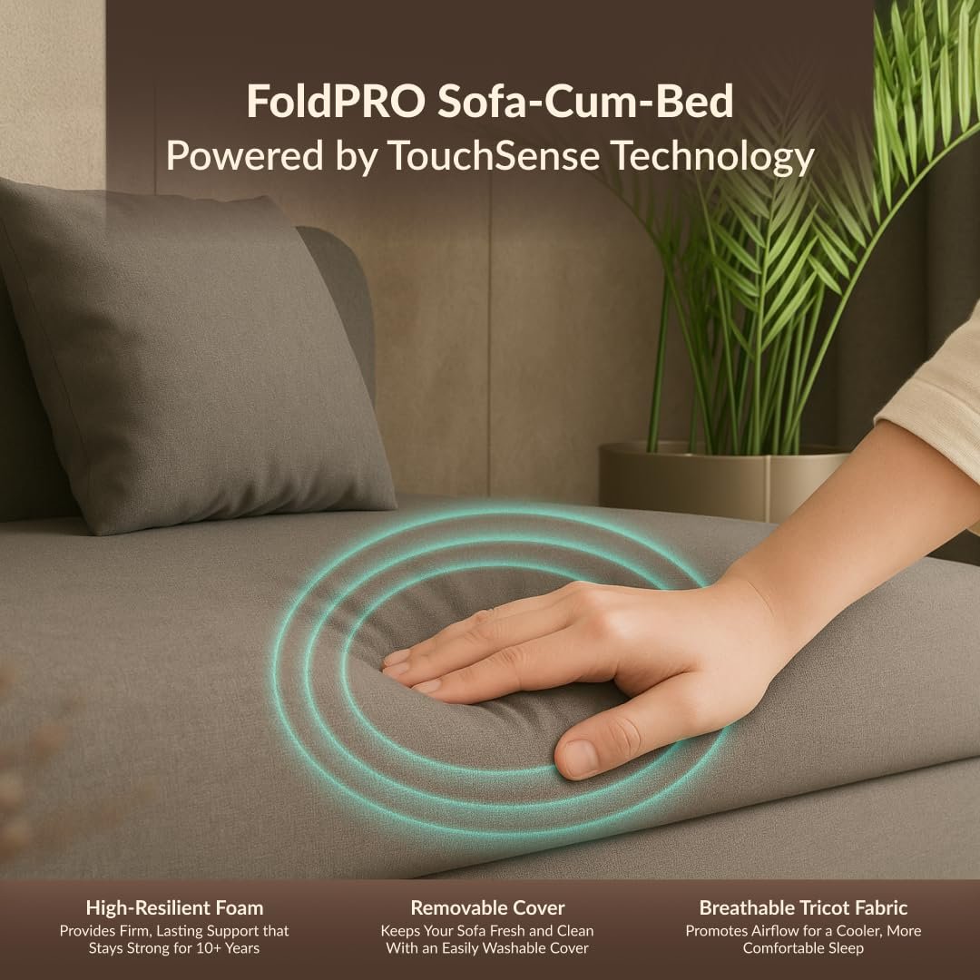 SleepyHug FoldPRO Sofa-Cum-Bed | 3-in-1 Convertible Sofa, Lounger &amp; Bed | TouchSense Technology | HR Foam | Lightweight | 3-Seater | Double Bed | Without Pillow | Grey, 1-Year Warranty - View 4