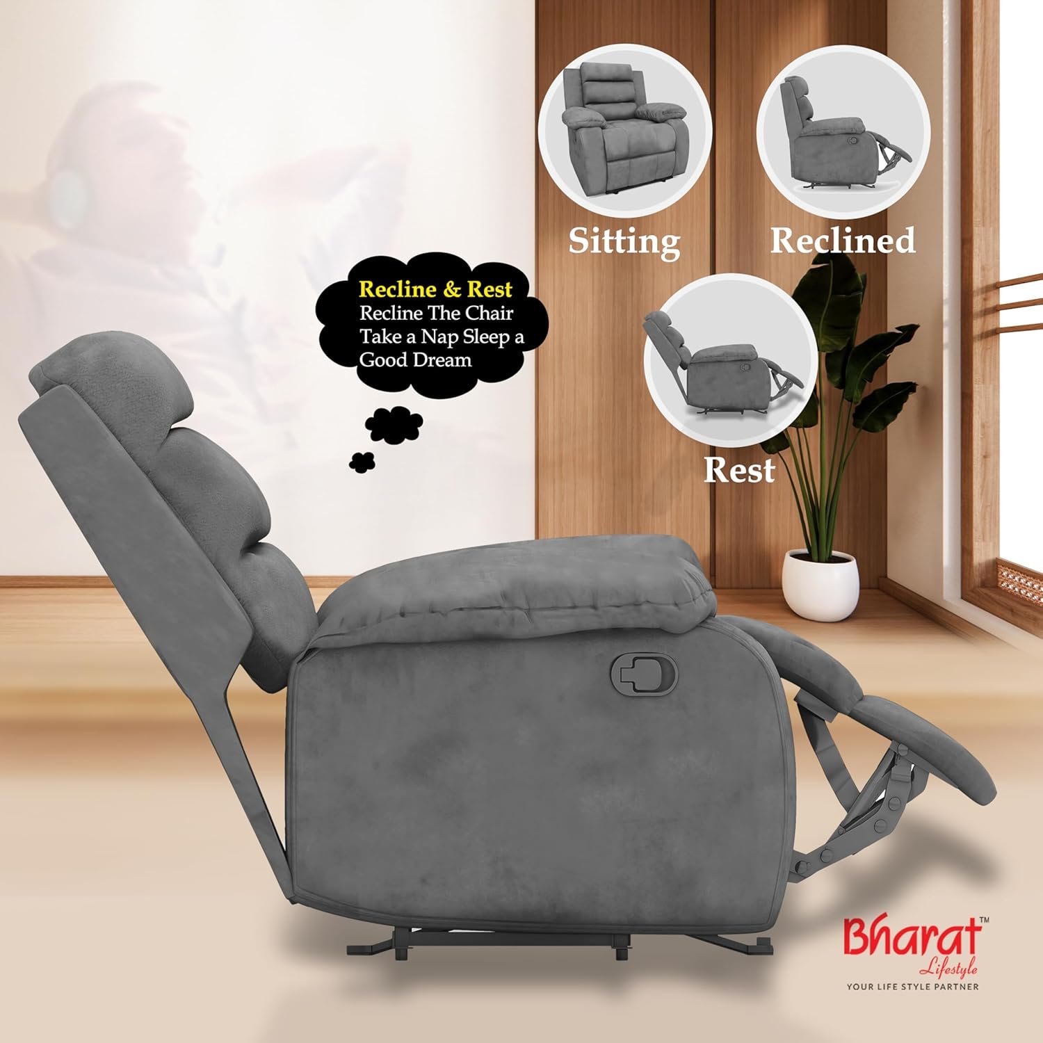 Bharat Lifestyle Austin Manual Recliner | 1 Seater Chair Sofa | Single Sofa Recliner| 3 Comfort Position | Wooden Frame | Suede Fabric | 1 Seater Recliner for Living Room Bedroom,1 Year Warranty, Grey - View 7