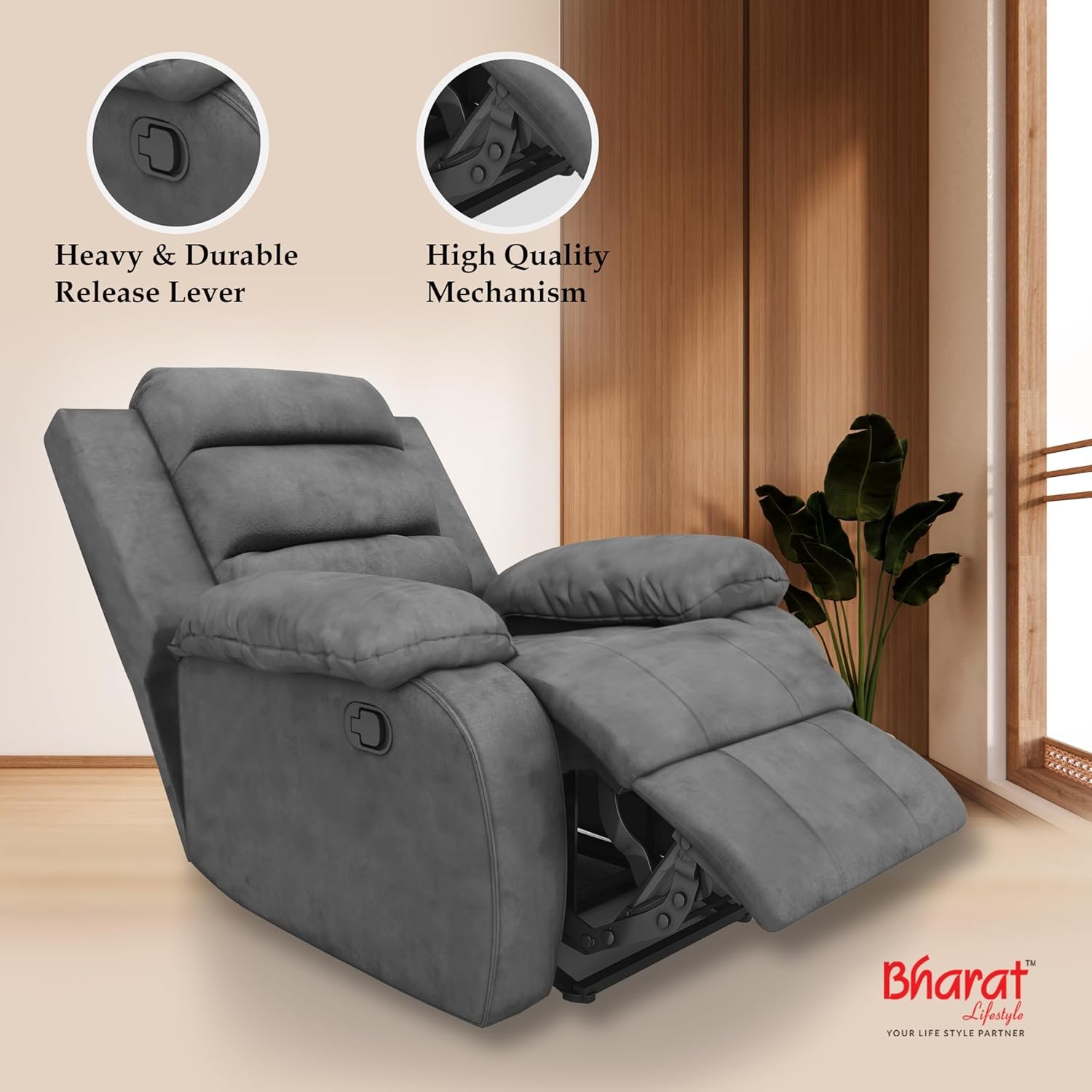 Bharat Lifestyle Austin Manual Recliner | 1 Seater Chair Sofa | Single Sofa Recliner| 3 Comfort Position | Wooden Frame | Suede Fabric | 1 Seater Recliner for Living Room Bedroom,1 Year Warranty, Grey - View 6