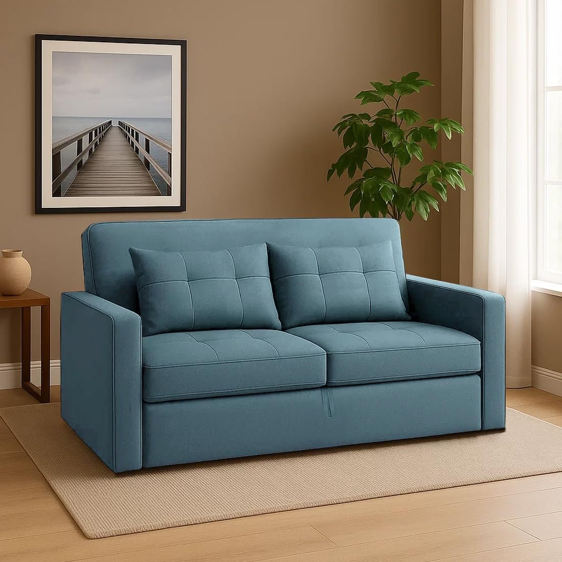 FURNY Tressa 2 Seater Pull-Out Premium Fabric Sofa Cum Bed Sofa Set for Living Room (Sky Blue Fabric) - View 3